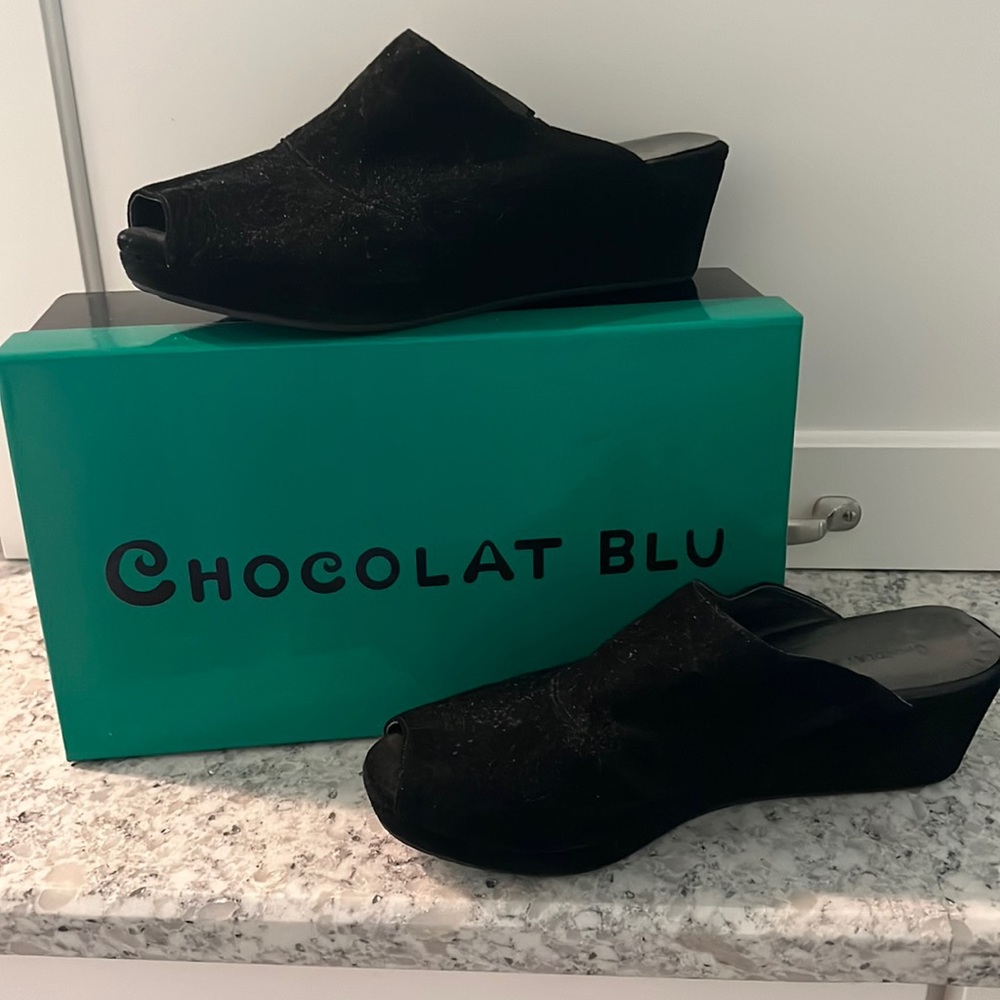 Chocolat Blu black suede mules